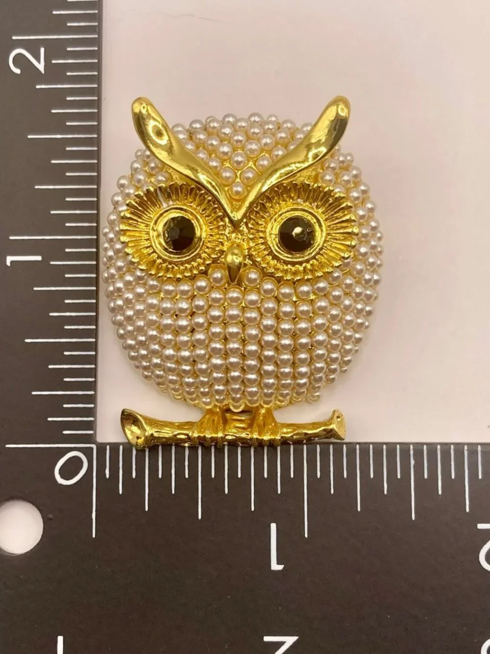 New Gold Tone Owl Brooch Faux Pearl Beads & Black Rhinestone Eyes -53B